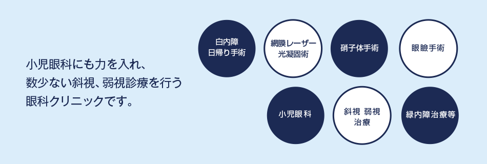 小児眼科にも力を入れ、数少ない斜視、弱視診療を行う眼科クリニックです。白内障日帰り手術、硝子体手術、眼瞼手術、網膜レーザー光凝固術、網膜レーザー光凝固術、小児眼科、斜視、弱視治療、緑内障治療等を行います。